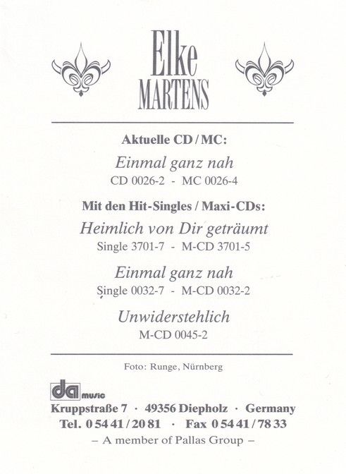 Autogramm Schlager | Elke MARTENS | 1993 "Einmal Ganz Nah" (DA Music)