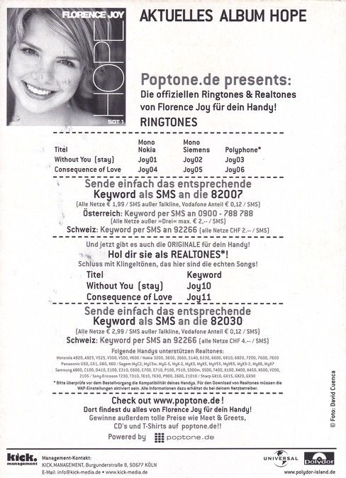 Autogramm Pop | Florence JOY | 2004 "Hope" (Portrait Color) Polydor Poptone