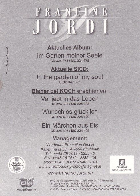 Autogramm Schlager | Francine JORDI | 2002 "Im Garten Meiner Seele" (Portrait Color Koch)