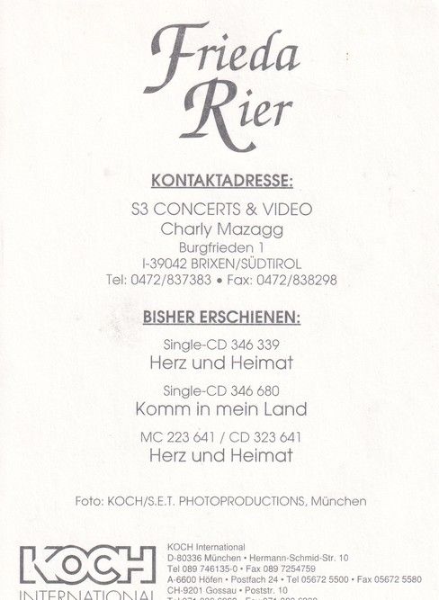Autogramm Volksmusik | Frieda RIER | 1995 "Herz Und Heimat" (Koch)