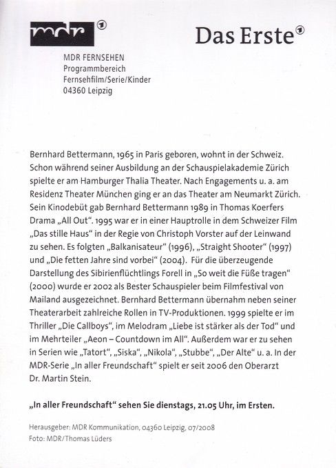 Autogramm TV | ARD | Bernhard BETTERMANN | 2008 "In Aller Freundschaft" (Portrait Color Lüders)