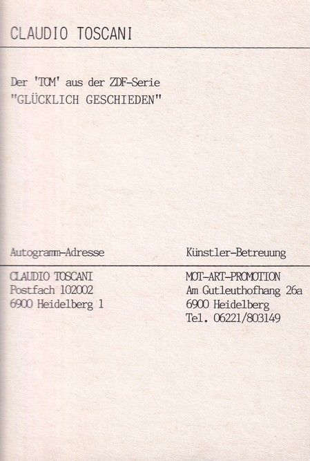 Autogramm TV | ZDF | Claudio TOSCANI | 1985 "Glücklich Geschieden" (Portrait SW)