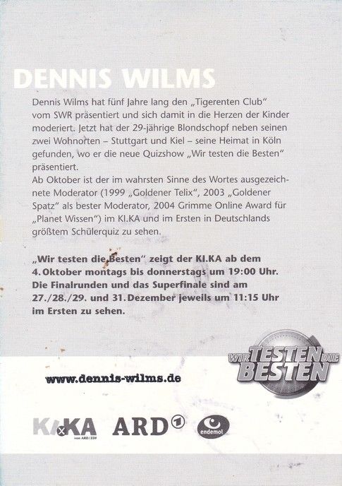 Autogramm TV | ARD | Dennis WILMS | 2004 "Wir Testen Die Besten" (KIKA)