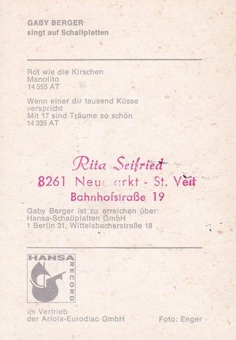 Autogramm Schlager | Gaby BERGER | 1970 "Rot Wie Die Kirschen" (Hansa)