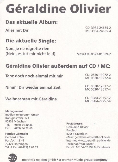Autogramm Schlager | Geraldine OLIVIER | 1998 "Alles Mit Dir" (EastWest) 1