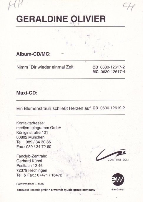 Autogramm Schlager | Geraldine OLIVIER | 1995 "Nimm Dir Wieder Einmal Zeit" (EastWest)