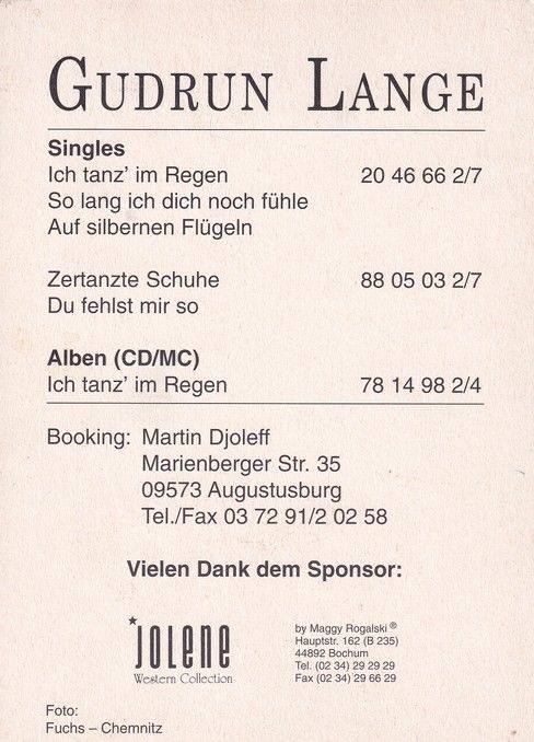 Autogramm Country | Gudrun LANGE | 1993 "Ich Tanz Im Regen"