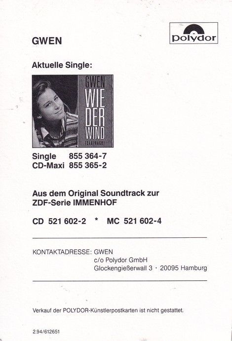 Autogramm Pop (USA) | GWEN Obertuck | 1994 "Wie Der Wind" (Polydor) Kinderstar