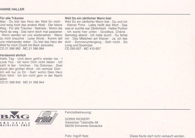 Autogramm Schlager | Hanne HALLER | 1998 "Für Alle Träumer" (BMG Ariola)