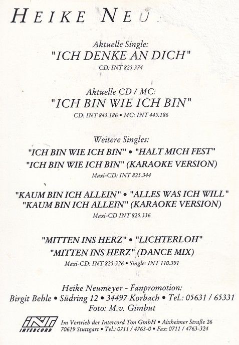 Autogramm Schlager | Heike NEUMEYER | 1993 "Ich Denke An Dich" (Intercord)