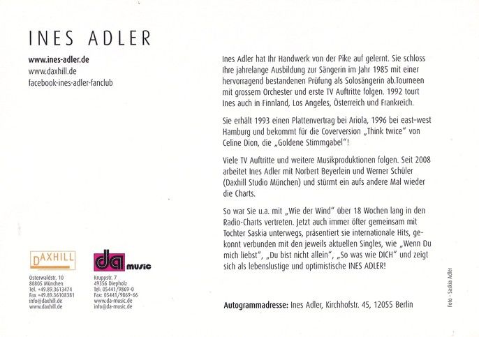 Autogramm Schlager | Ines ADLER | 2010er (Portrait Color) Daxhill 1