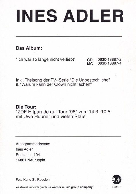 Autogramm Schlager | Ines ADLER | 1998 "Ich War So Lange Nicht Verliebt" (Portrait Color Eastwest) 1