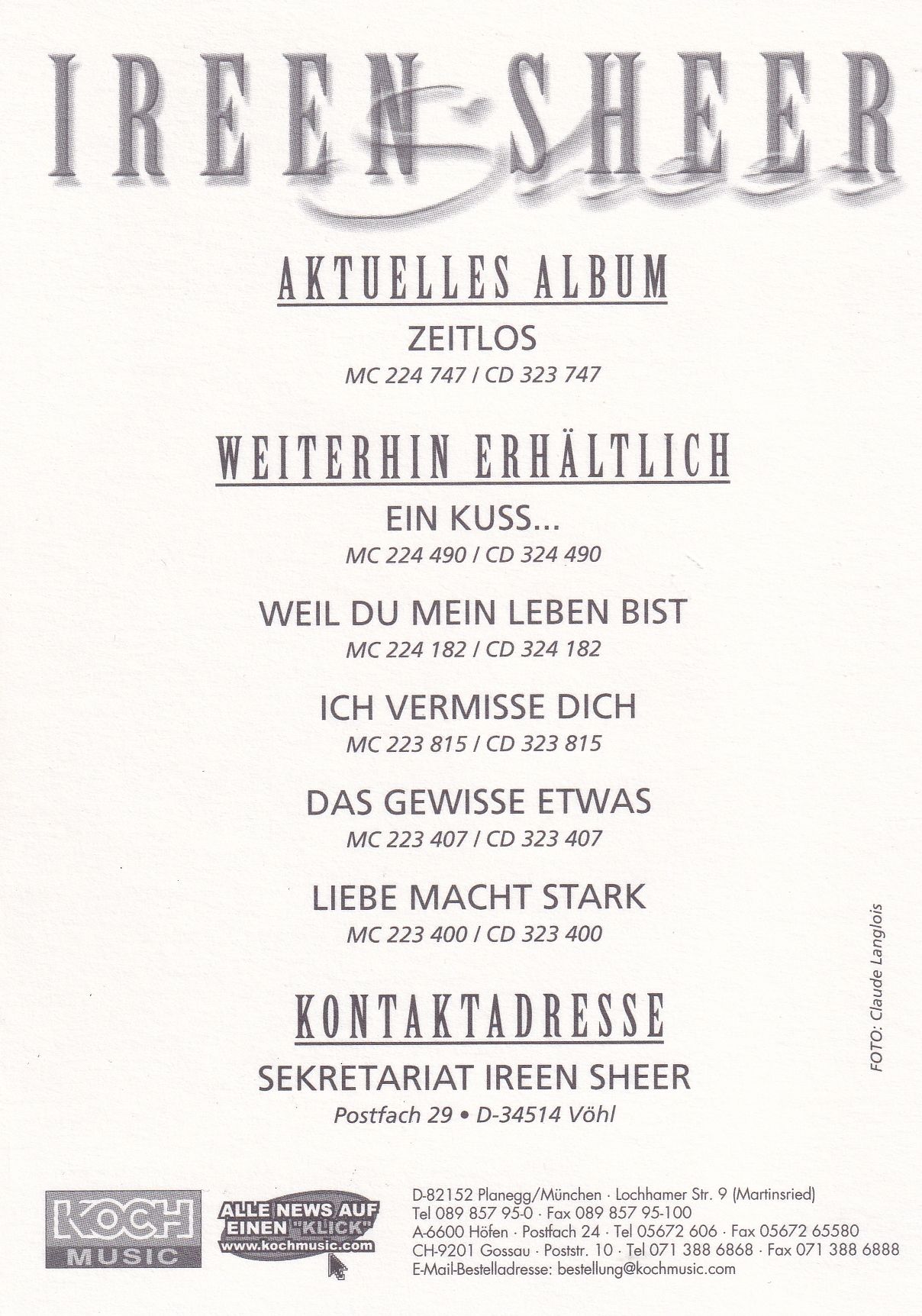 Autogramm Schlager | Ireen SHEER | 2001 "Zeitlos" (Portrait Color Koch)