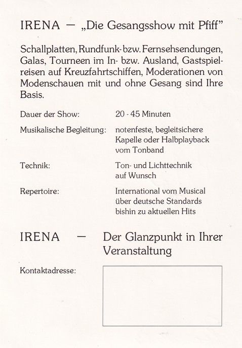 Autogramm Schlager | IRENA | 1980er (Portrait Color)