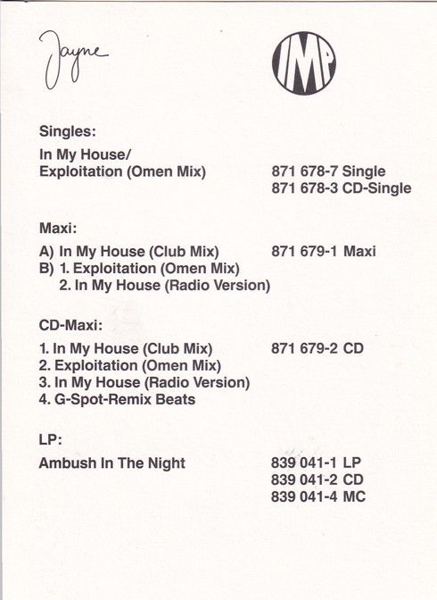 Autogramm Pop (UK) | JAYNE Collins | 1989 "In My House" (IMP)