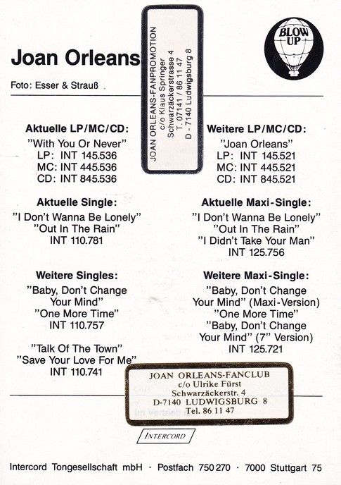 Autogramm Pop (USA) | Joan ORLEANS | 1989 "With You Or Never" (Intercord)