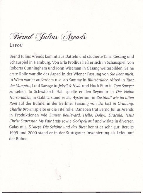 Autogramm Musical | Bernd Julius ARENDS | 2000er "Schöne Und Biest" (Spielszene Color)