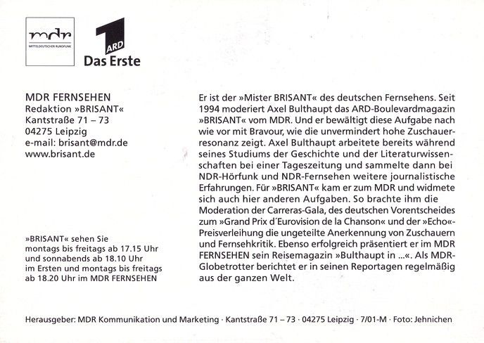 Autogramm TV | ARD | Axel BULTHAUPT | 2001 "Brisant" (Jehnichen)