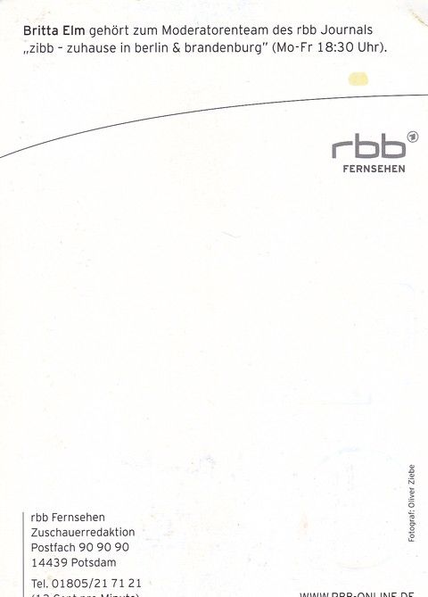 Autogramm TV | RBB | Britta ELM | 2000er "zibb" (Ziebe)