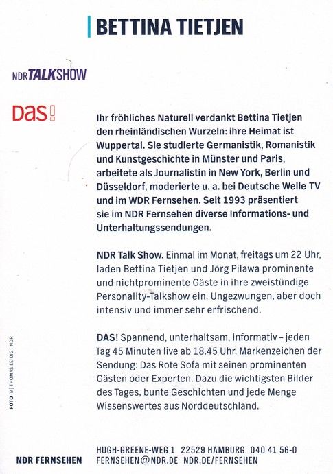 Autogramm TV | NDR | Bettina TIETJEN | 2000er "Talkshow" (Leidig)