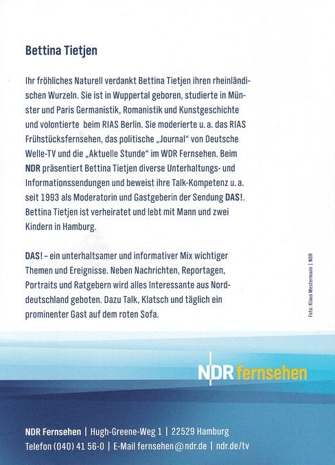 Autogramm TV | NDR | Bettina TIETJEN | 2000er "Das!" (Westermann)