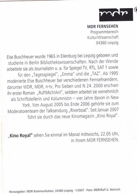 Autogramm TV | MDR | Else BUSCHHEUER | 2007 "Kino Royal" (Heinrich)