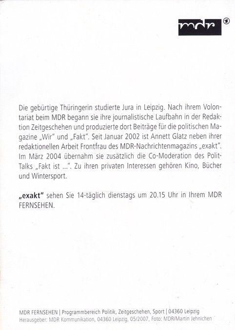 Autogramm TV | MDR | Annett GLATZ | 2007 "exakt" (Jehnichen)
