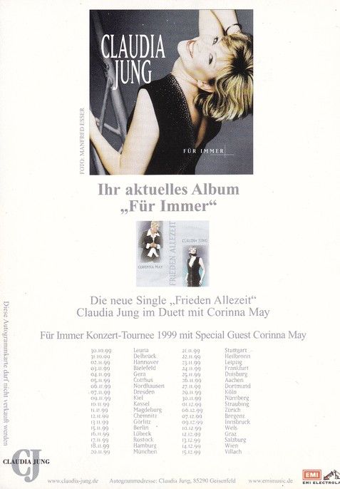 Autogramm Schlager | Claudia JUNG | 1999 "Für Immer Tour" (Portrait Color EMI)