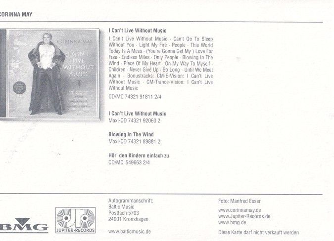Autogramm Schlager | Corinna MAY | 2002 "I Cant Live Without Music" (BMG Jupiter)