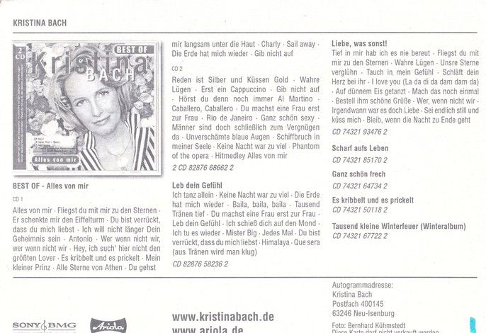 Autogramm Schlager | Kristina BACH | 2005 "Best Of - Alles Von Mir" (Sony Ariola)