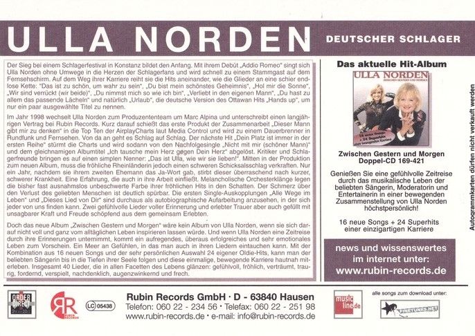 Autogramm Schlager | Ulla NORDEN | 2005 "Zwischen Gestern Und Morgen" (Rubin)