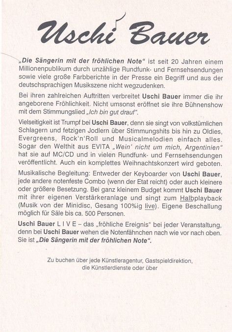 Autogramm Volksmusik | Uschi BAUER | 1990er (Portrait Color) 1
