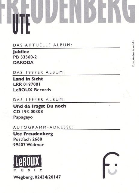 Autogramm Schlager | Ute FREUDENBERG | 1999 "Jubilee" (LeRoux)