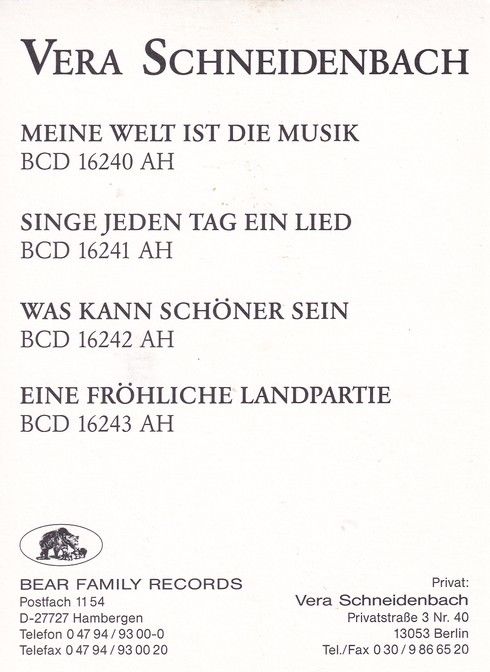 Autogramm Schlager | Vera SCHNEIDENBACH | 1998 "Eine Fröhliche Landpartie" (Bear)