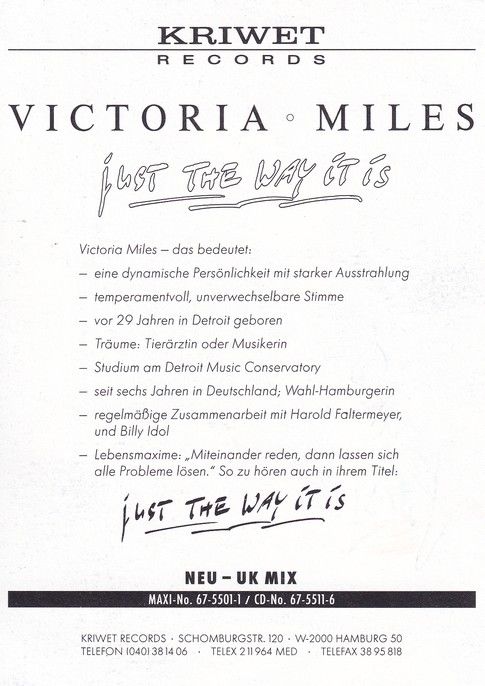 Autogramm Pop (USA) | Victoria MILES | 1990 "Just The Way It Is" (Kriwet)