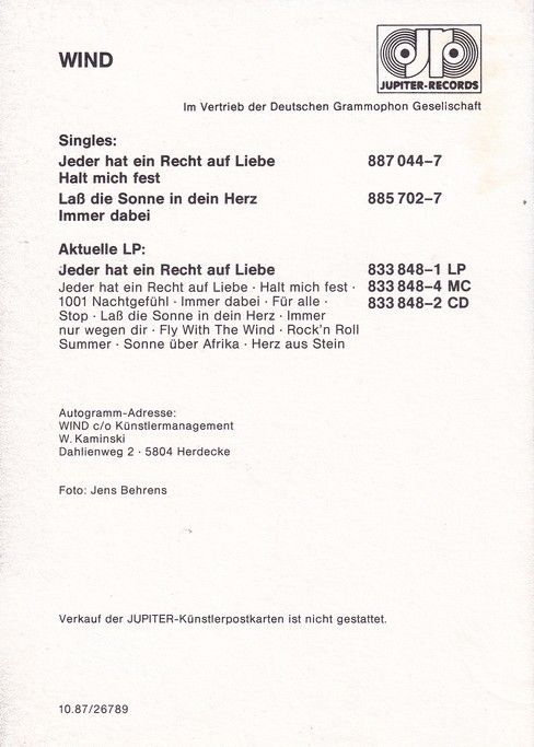Autogramme Schlager | WIND | 1987 "Jeder Hat Ein Recht Auf Liebe" (Jupiter)