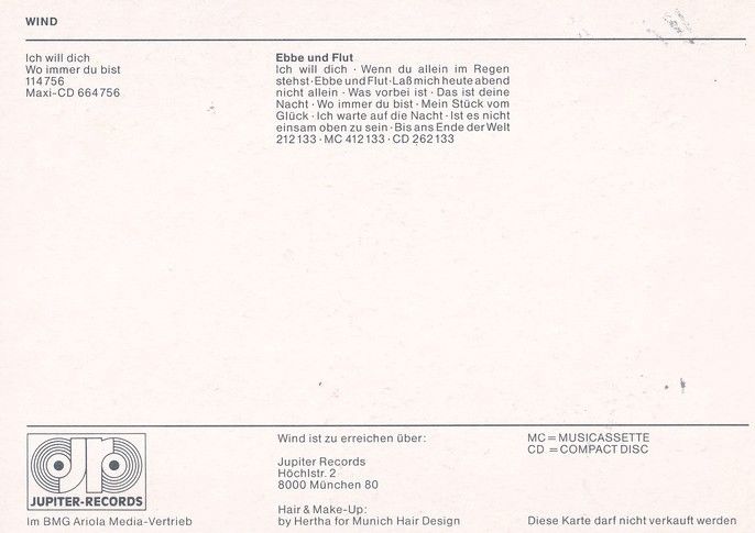 Autogramme Schlager | WIND | 1991 "Ebbe Und Flut" (Jupiter)