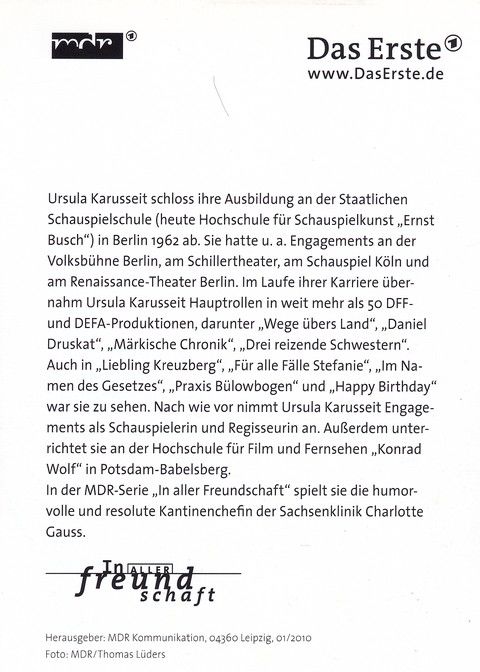 Autogramm TV | ARD | Ursula KARUSSEIT | 2010 "In Aller Freundschaft" (Portrait Color) Lüders
