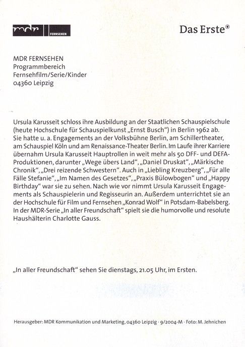Autogramm TV | ARD | Ursula KARUSSEIT | 2004 "In Aller Freundschaft" (Portrait Color) Jehnichen