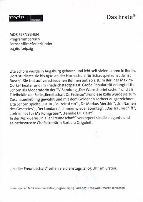 Autogramm TV | ARD | Uta SCHORN | 2007 "In Aller Freundschaft" (Jehnichen)