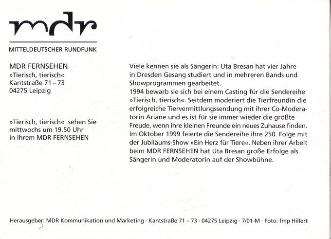 Autogramm TV | MDR | Uta BRESAN | 2000er "Tierisch Tierisch" (Hillert)