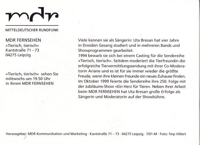 Autogramm TV | MDR | Uta BRESAN | 2001 "Tierisch Tierisch" (Portrait Color) Hillert