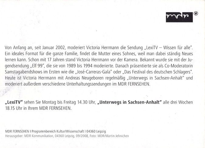 Autogramm TV | MDR | Victoria HERRMANN | 2008 "Lexi TV / Unterwegs In Sachsen-Anhalt" (Jehnichen)