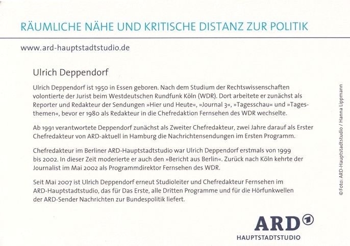 Autogramm TV | ARD | Ulrich DEPPENDORF | 2000er "Hauptstadtstudio" (Lippmann)