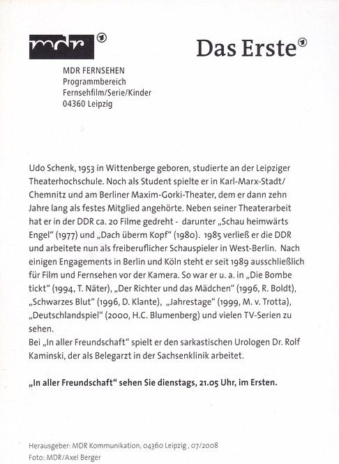 Autogramm TV | ARD | Udo SCHENK | 2008 "In Aller Freundschaft" (Berger)
