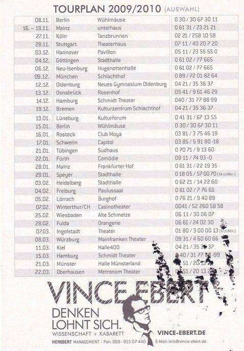 Autogramm Comedy | Vince EBERT | 2009 "Denken Lohnt Sich" (Tourplan)