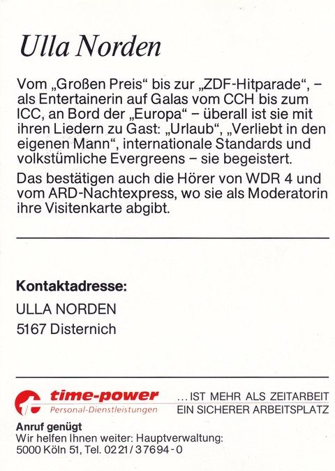 Autogramm Schlager | Ulla NORDEN | 2000er (Portrait Color) time-power