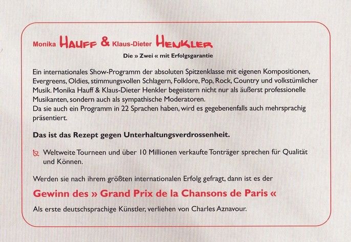 Autogramme Schlager | HAUFF & HENKLER | 1990er (Portrait Color) 2