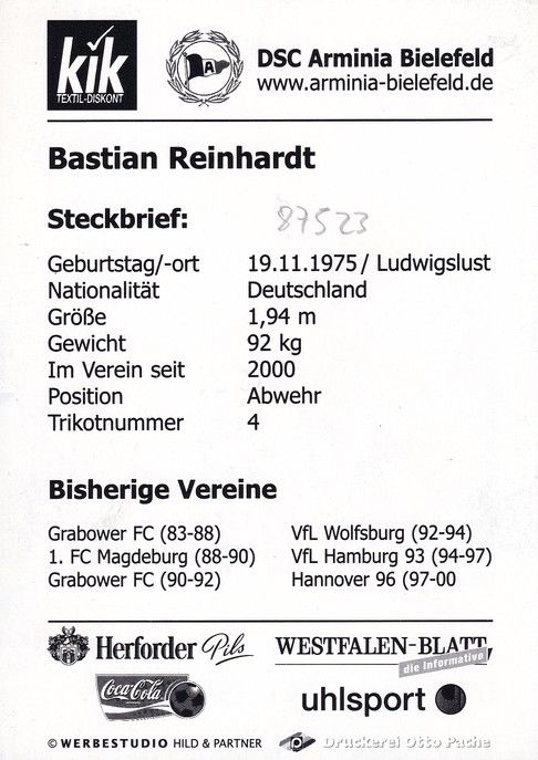 Autogramm Fussball | DSC Arminia Bielefeld | 2002 | Bastian REINHARDT