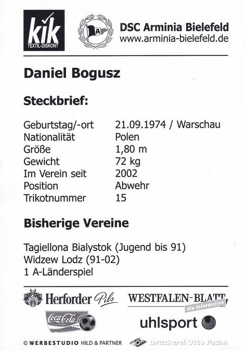 Autogramm Fussball | DSC Arminia Bielefeld | 2002 | Daniel BOGUSZ